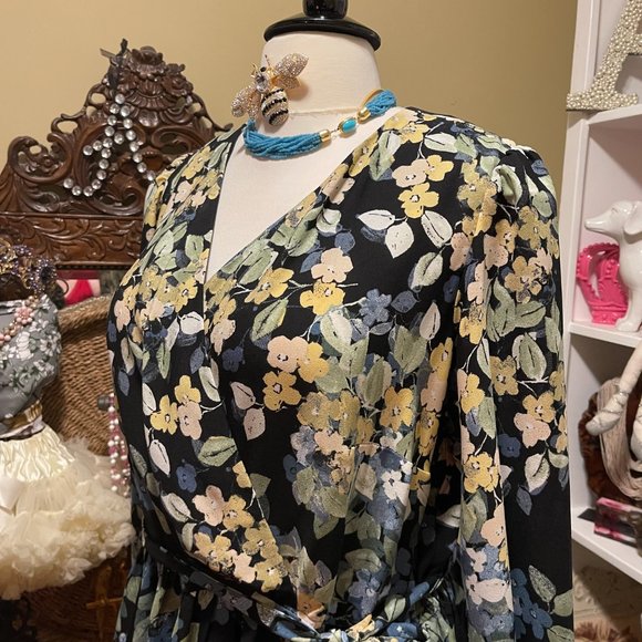 NWT Bleeker 126 22W Dress - Black with soft muted Blues & Greens with Yellow - Picture 4 of 16